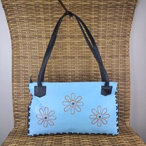 Made In Peru Leather Hand Made Shoulder Handbag Bag Flower Embossed Design Blue